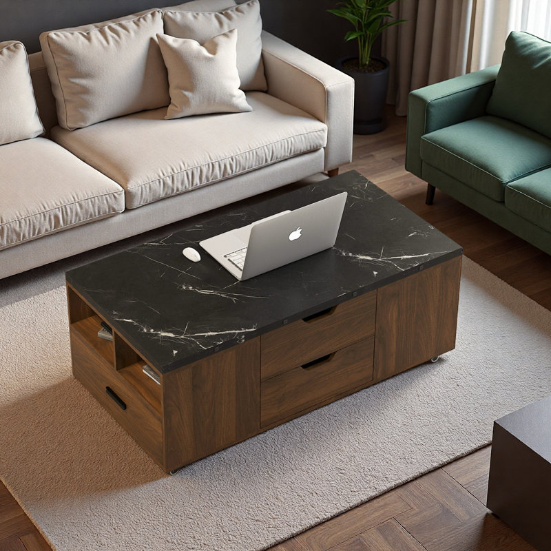 Table basse relevable moderne avec 2 tabourets, rangement caché et tiroirs
