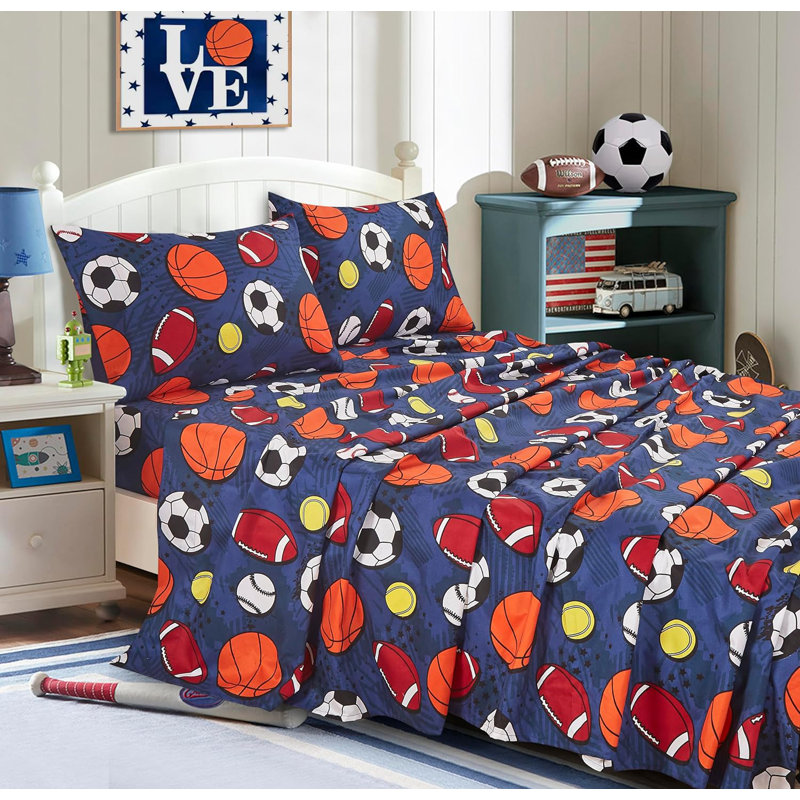 Twin White and Navy Sports Print Microfiber Sheet Set