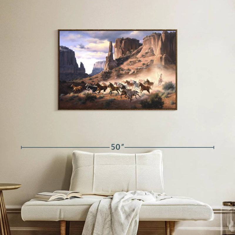 Grès et chevaux volés, 37 po x 25 po, Cadre flottant noyer