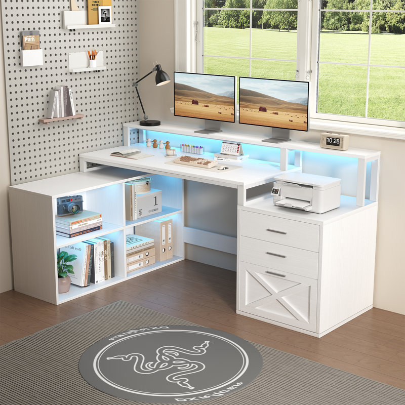 Bureau d'ordinateur en L de 66 po avec tablettes cubiques et armoire Ravleen, Blanc