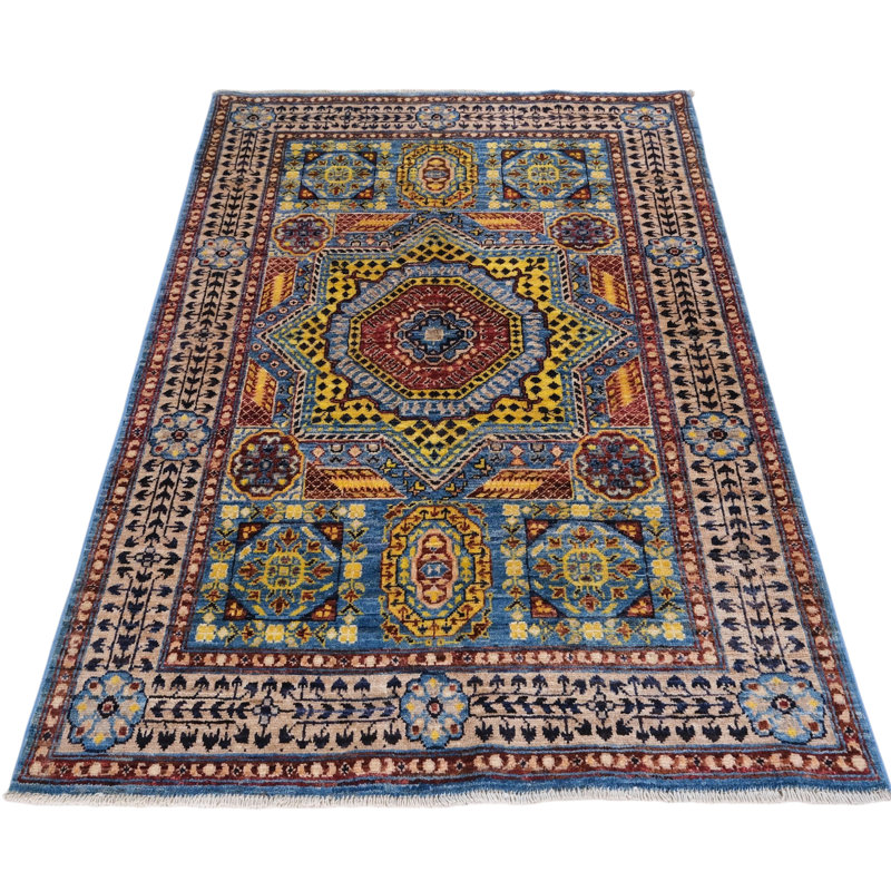 Hand Knotted Wool Area Rug in Blue And Beige