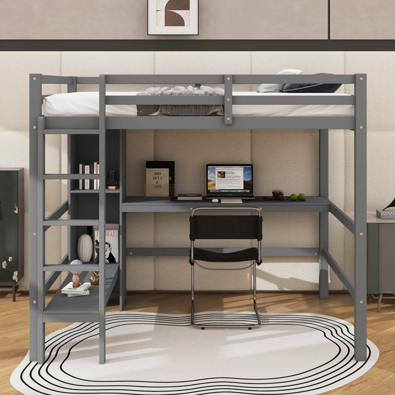 Full-Size Timber Elevated High Sleeper Bed With Sub-Bed Work Area & Versatile Shelving Unit, Gray