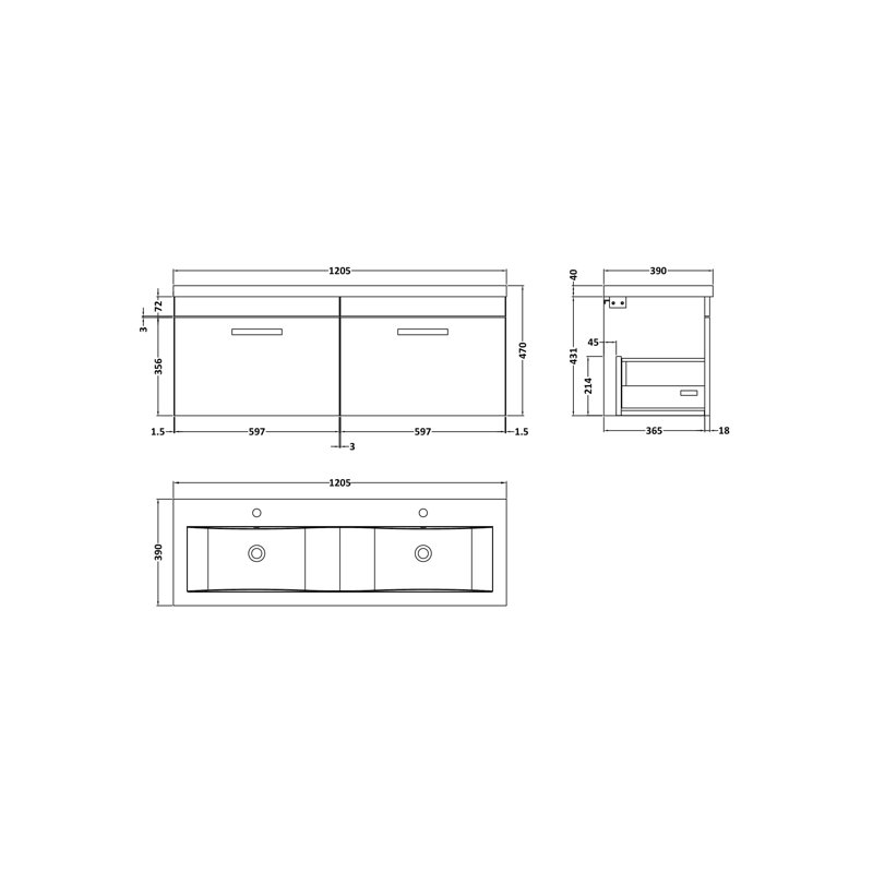 Athena 1208mm Double Bathroom Vanity with Integrated Ceramic Basin, Gloss Gray Mist