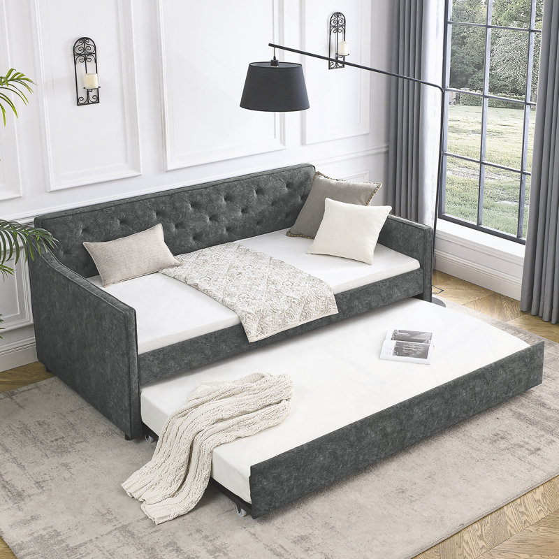 Daybed With Trundle, Upholstered Tufted Sofa Bed, Gray