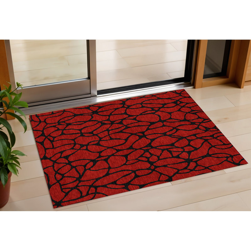 3' X 5' Red And Black Geometric Washable Indoor Outdoor Area Rug