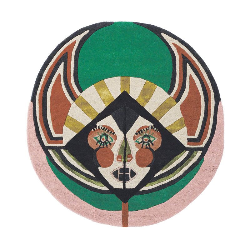 Wool Abstract Area Rug in Green/Orange/Black, Round 3'3"