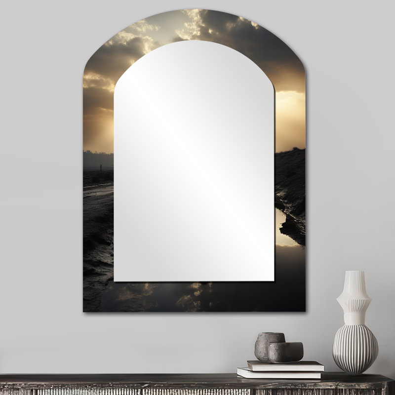 Natures relaxantes, arbre monochrome, miroir décoratif en forme d'arche d'arbre, miroir mural asymétrique noir, impression sur métal