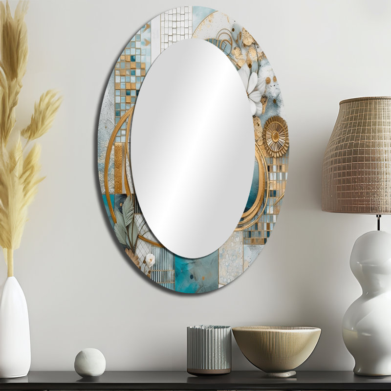 Golden Blue Mosaic Floral Design II - Large Oval Wall Mirror On Metal, 36" x 24"