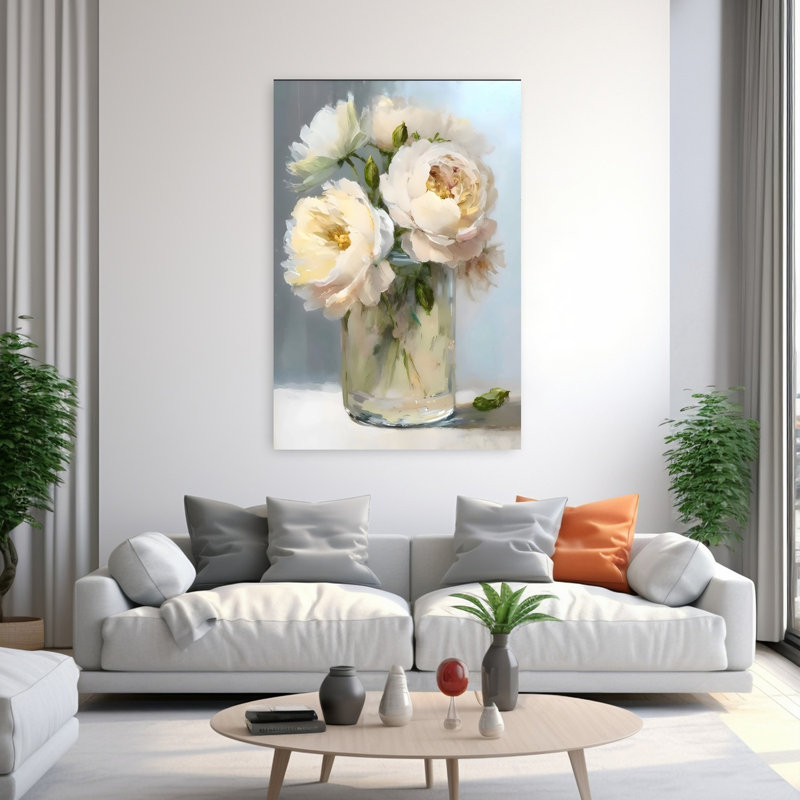 Pivoine jaune pâle et rose dans un vase, art contemporain classique délicat