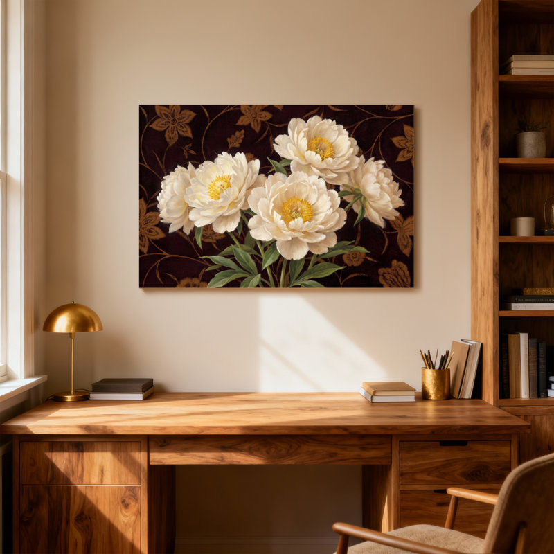 Plantes et fleurs pivoines crème sur fond floral foncé, H 12 po x l 18 po