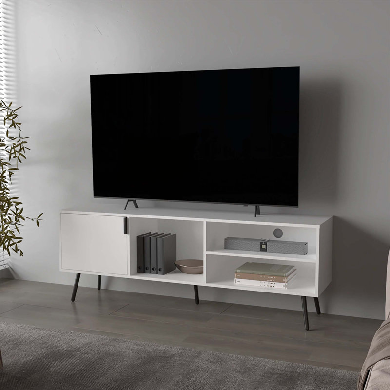 Meuble télé fonctionnel avec plusieurs options de rangement, idéal pour organiser les médias et les objets de décoration dans n'importe quel espace de vie