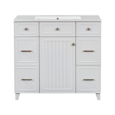 Meuble-lavabo 36 po avec lavabo en céramique, structure en bois massif, portes à fermeture douce, tablettes réglables, 3 tiroirs