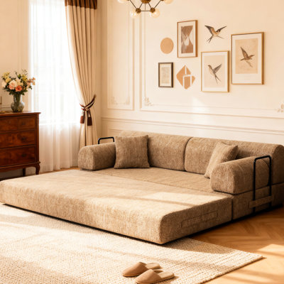 4 - In 1 Multifunctional Convertible Sleeper Bed, Ochre Boucl 3 Seat Couch For Living And Bedroom, Skin Boucl, High Resilience Foam, No Assembly Needed Floor , Textured 30d