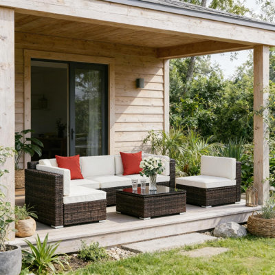 Modern Outdoor Furniture Conversation Sets, 6-Piece Patio Sectional Sofa With Handwoven Rattan And Tempered Glass Table