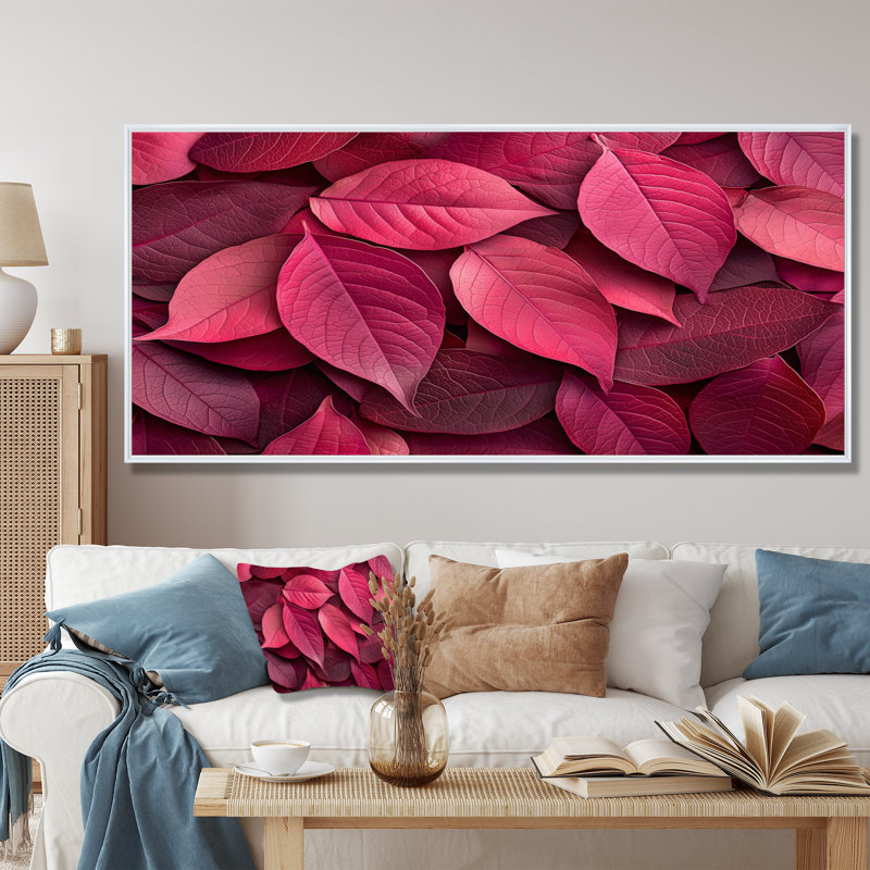 «Crimson Leaves Dancing Rose III» - feuilles, décoration murale, H 28 po x l 60 po, Impression encadrée flottante, Blanc