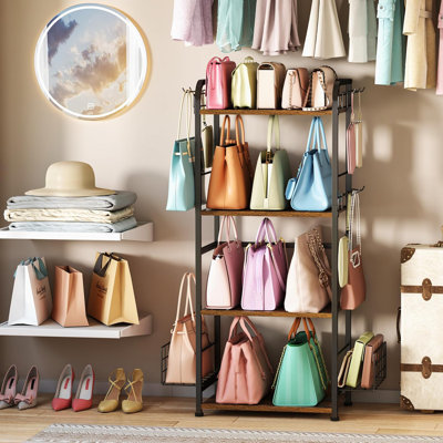 4-Tier Purse Organizer for Closet with 3 Side Hooks and 2 Baskets
