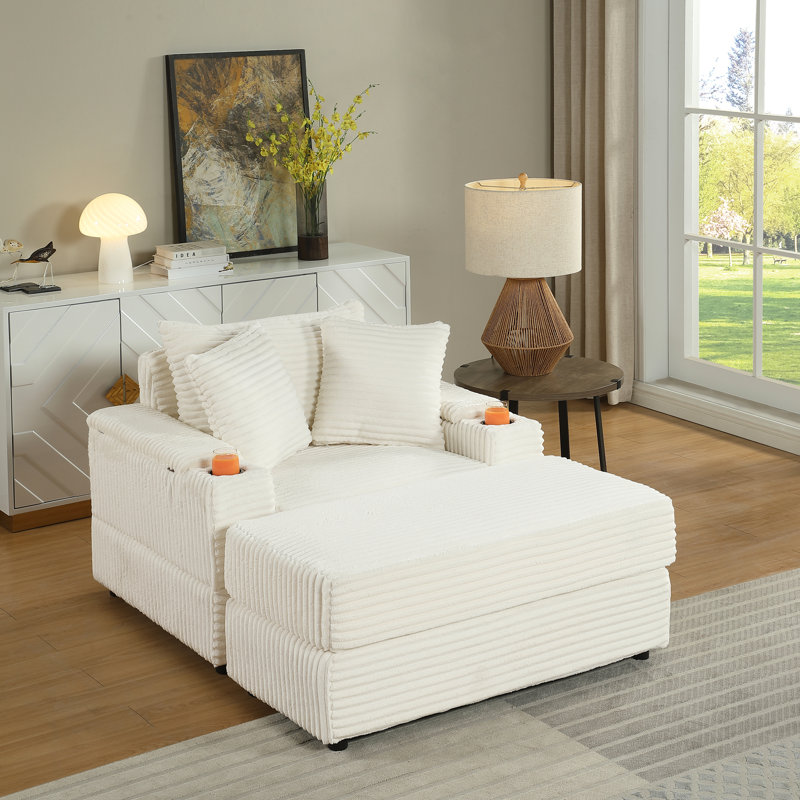 Fauteuil Comfy 1 avec coussins décoratifs, revêtement en velours côtelé, soutien optimal, design ergonomique, montage rapide, beige, assise profonde, à ressorts, idéal pour la détente.