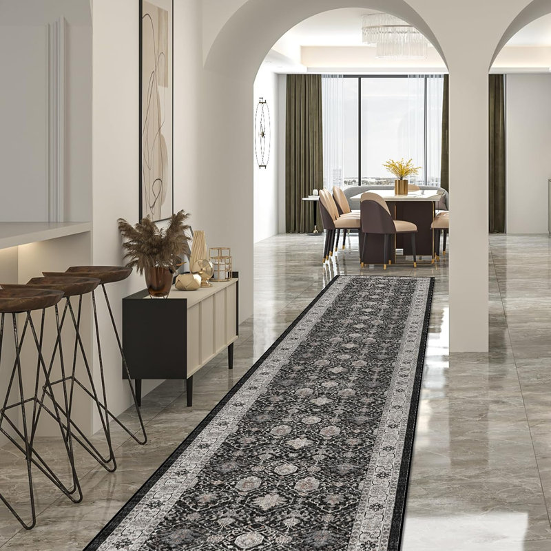 Washable Large Area Rug: Indoor Oriental Living Room Carpet with Non Slip Backing Ultra Soft Low Pile Rugs for Bedroom Dining Room Distressed Stain Resistant Thin Floor Mat (Black)