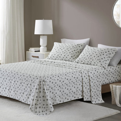 Drap double de 4 pièces avec motif de flocons de neige noirs, 100% flanelle de coton pour matelas jusqu'à 18 po, tissu doux brossé, drap-housse entièrement élastique, confort pré-rétréci, plat et 2 taies d'oreiller,