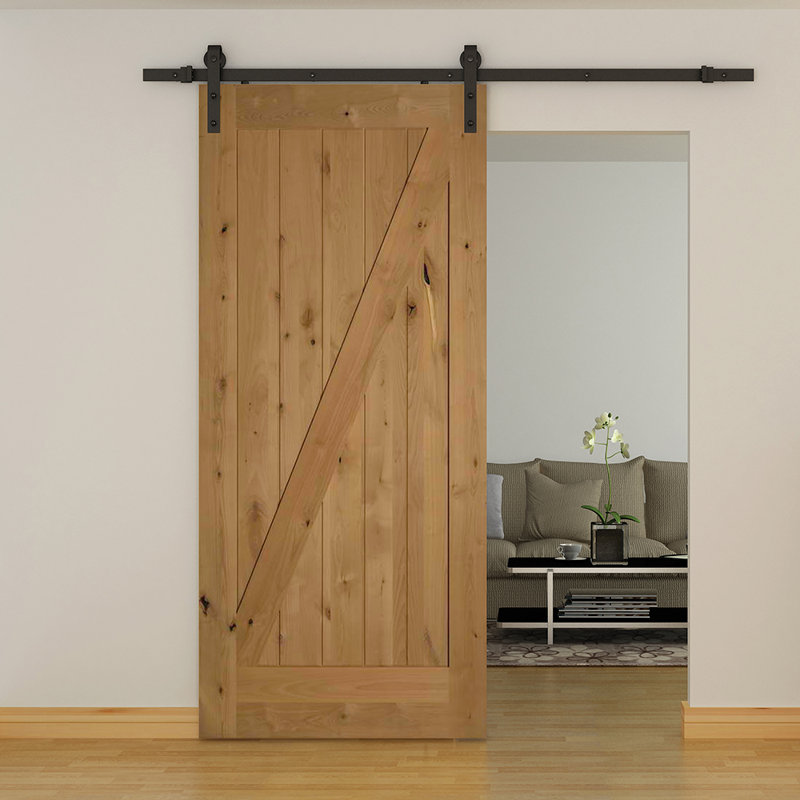 Unfinished Knotty Alder Z-Bar Interior Barn Door with Track & Hardware Kit, Matte Black, 42" x 84"