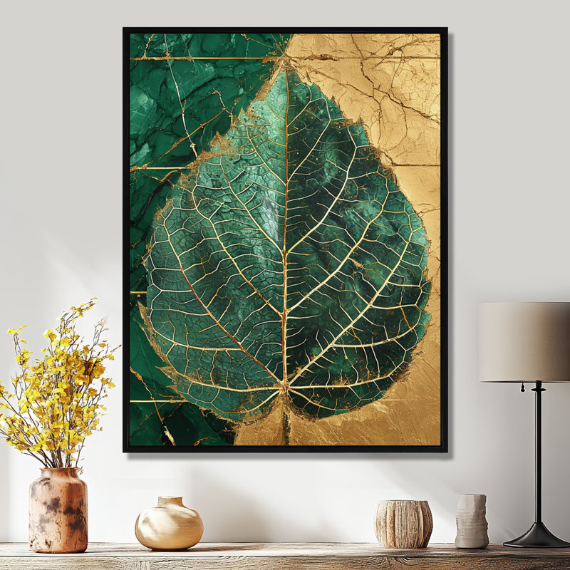 Ornemental feuille rétro or I - feuilles, art mural, Toile avec cadre flottant noir, H 32 po x l 16 po x P 1 po