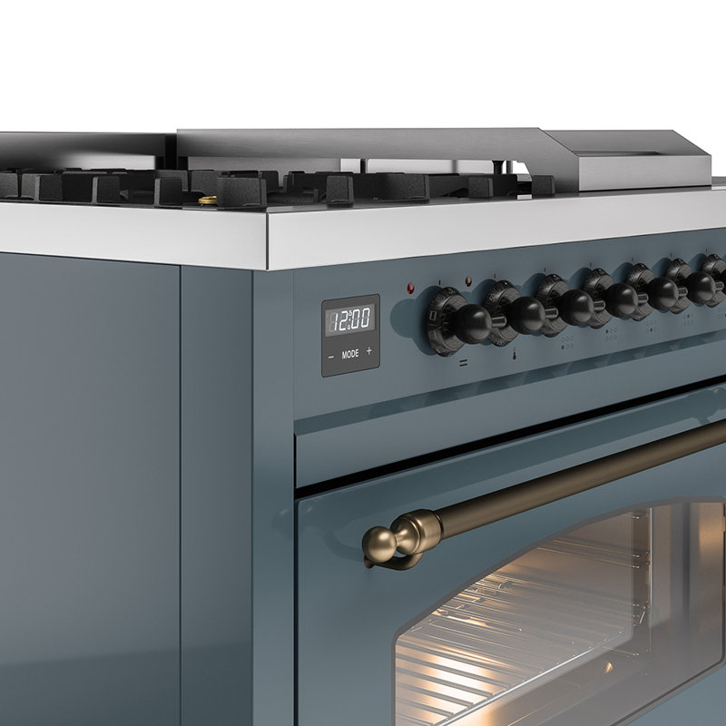 ILVE Nostalgie II Series 48 inch Dual Fuel Range with 5 Sealed Burners, Griddle, Frenchtop (Glass Door), Blue/Gray/Bronze