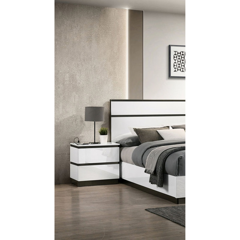 Table de chevet contemporaine 1Pc, finition brillante, 2 tiroirs