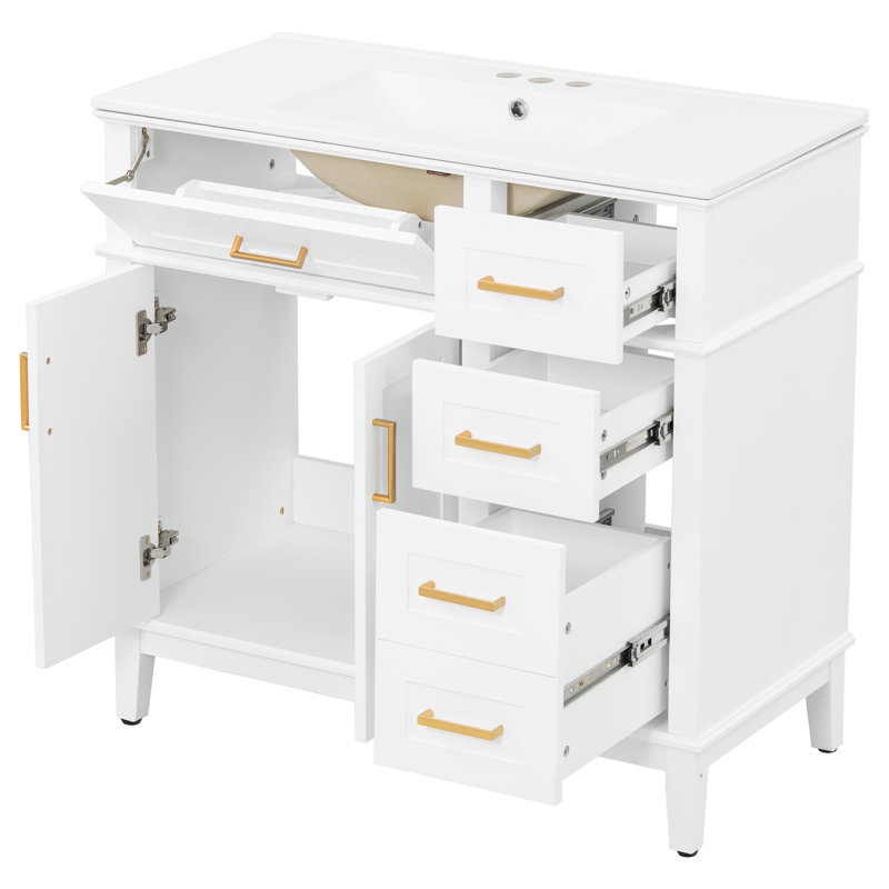 36'' Single Bathroom Vanity With Ceramic Top, White, Gold