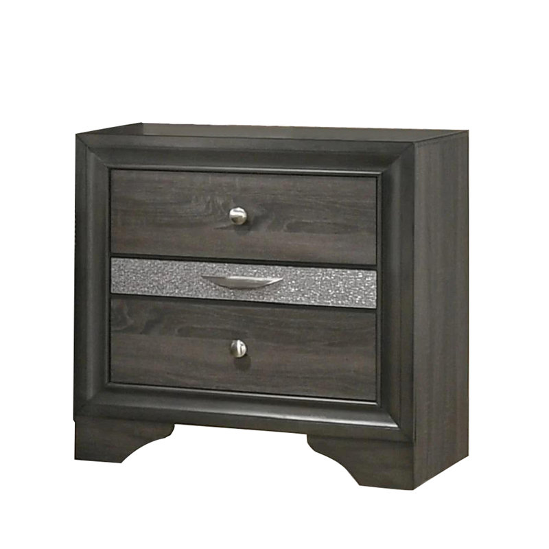 Table de chevet 3 tiroirs en bois gris avec poignées en nickel - Boîte de rangement dissimulée pour chambre à coucher