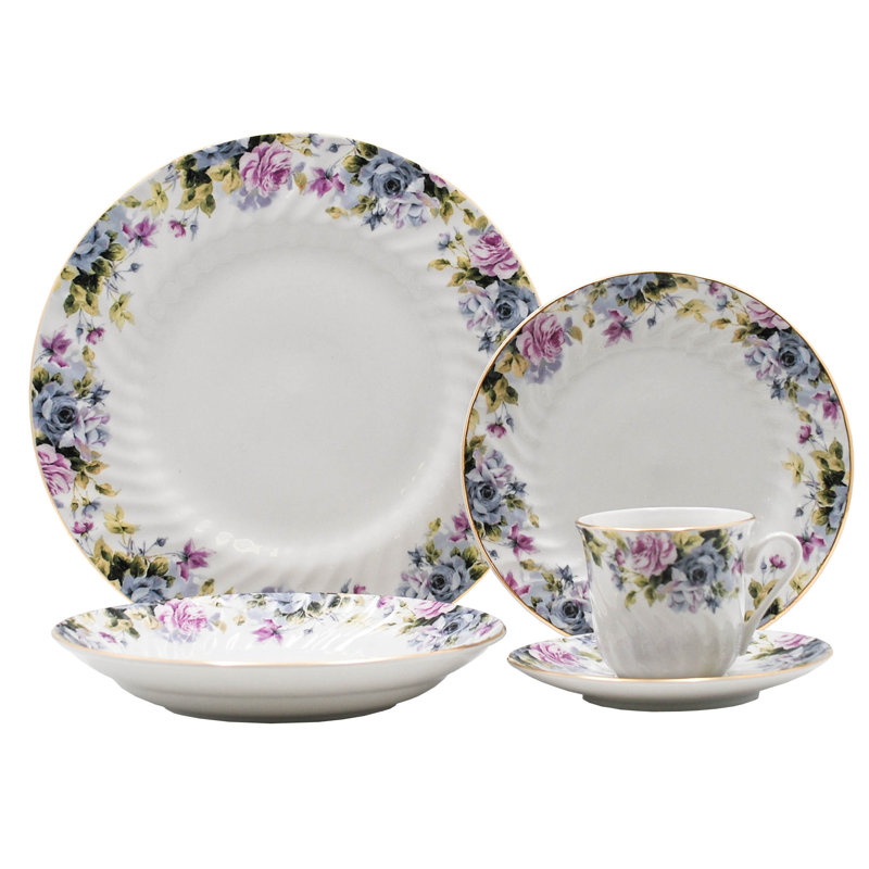 Service de vaisselle en porcelaine blanche Ondina, 45 pièces, garniture florale et dorée (service pour 8)