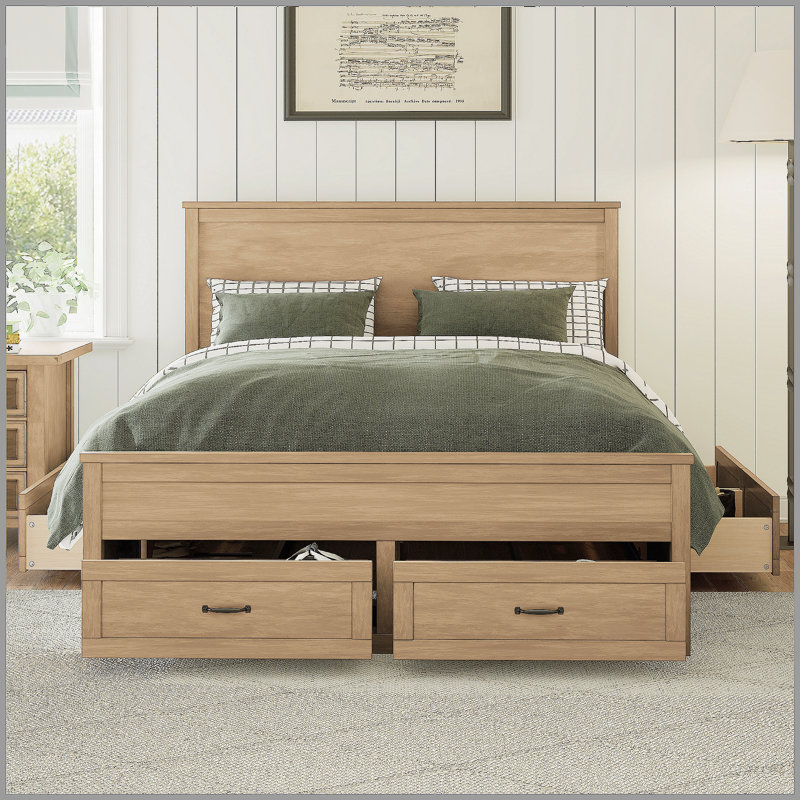 Structure de lit moderne avec 6 tiroirs, lit plateforme avec support à lattes en bois, pas de sommier tapissier requis