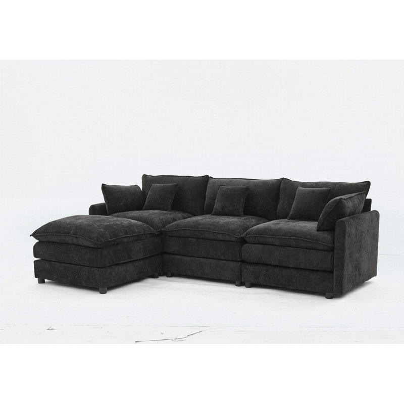 Modular Sectional Sofa, 3-Seater Sofa With Ottoman, Modern L-Shaped Sofa, Black