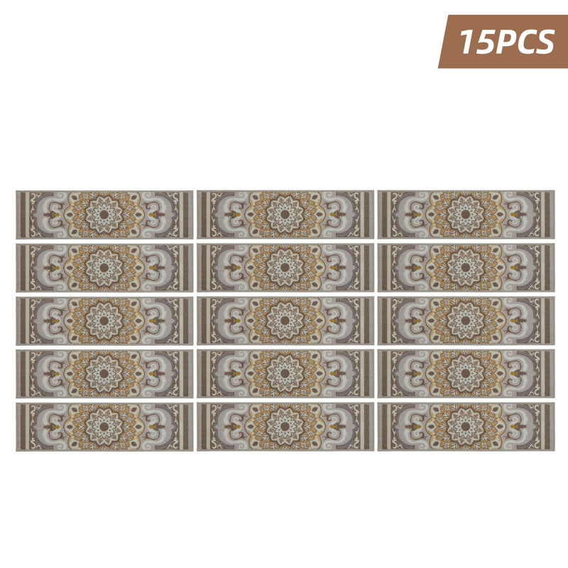 Tapis d'escalier antidérapant Nalesha, 15Pcs, Beige géométrique monochrome, Rectangle 30 po x 8 po