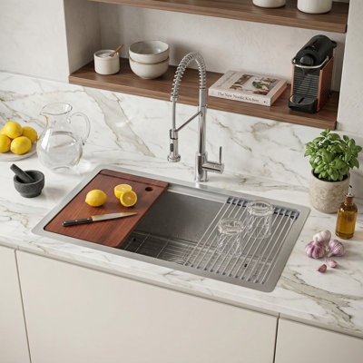 Évier de cuisine encastré 30 po en acier inoxydable, ensemble de cuve simple avec passoire, planche à découper et égouttoir à vaisselle