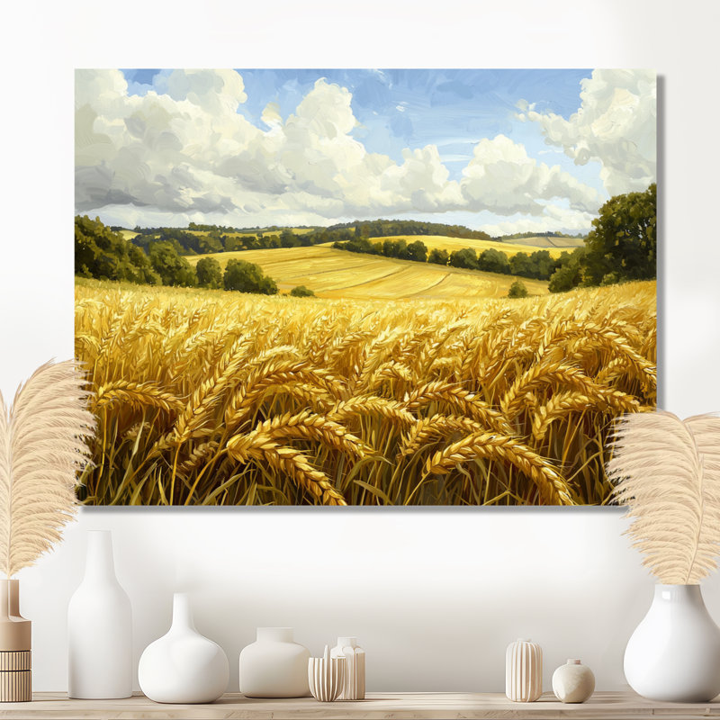 «Countryside Golden Fields In Summer Light I», art mural campagne, H 34 po x l 44 po, Toile tendue sur cadre