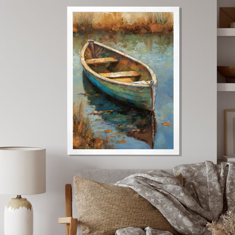 «Lake Serenity Dinghy Boat Resting On The Water I», art mural Lakehouse, Cadre simple blanc, H 20 po x l 12 po x P 1 po