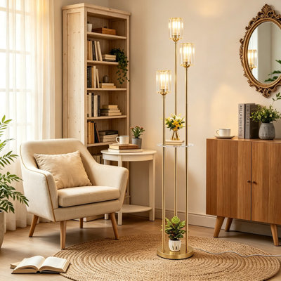 Lampe sur pied de coin Mid-Century avec tablettes, lampe sur pied en cristal doré avec interrupteur au pied pour le salon (ampoules non incluses)