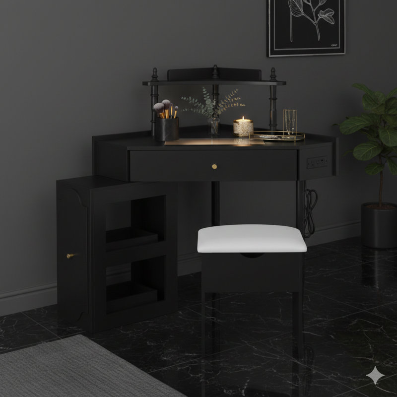 Corner Vanity Desk Set Including A Storage Cushioned Stool And A Charging Station. This Triangular Makeup Desk Has A Removable Pull-Out Side Cabinet And A Glass Tabletop. The Vanity Desk Includes A Drawer And A Shelf, In Black.