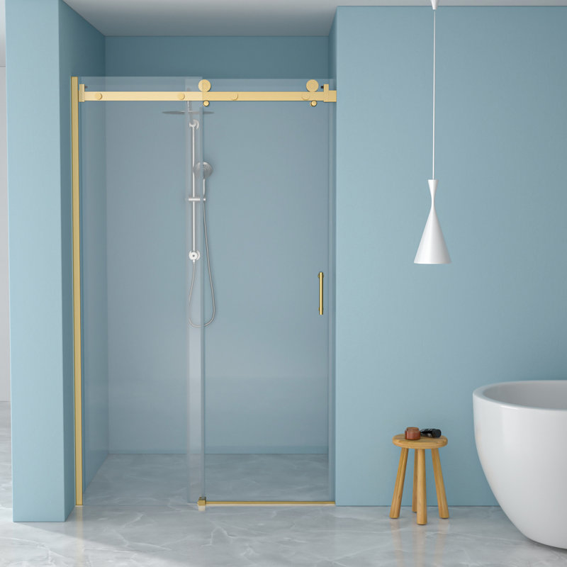 48"W X 76"H Gold Frame Single Shower Door, 8Mm Tempered Glass, Reversible Right/Left Installation, Space
