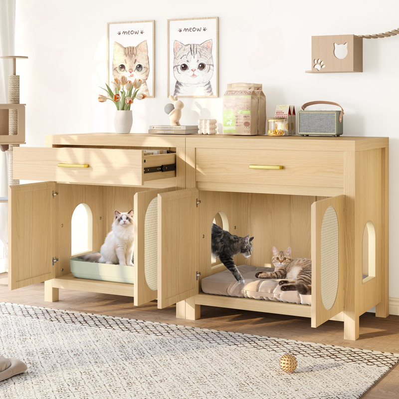 Enceinte de litière pour chat avec portes à griffes et tiroir de rangement (naturel)