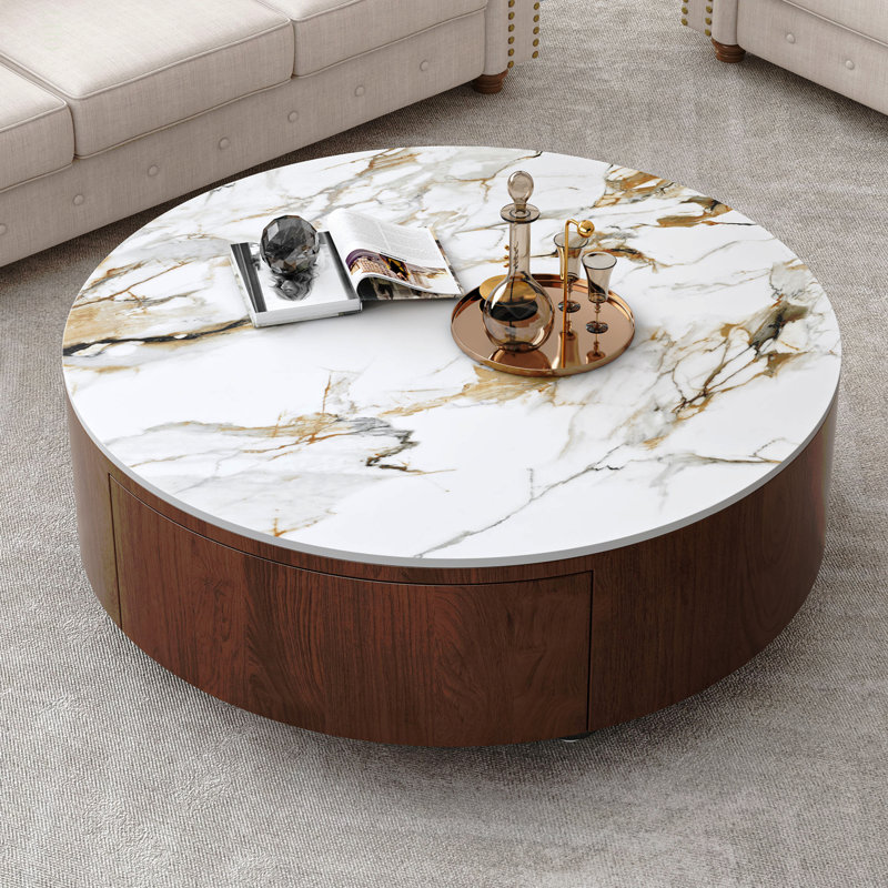 Table basse ronde en bois avec plateau en faux marbre