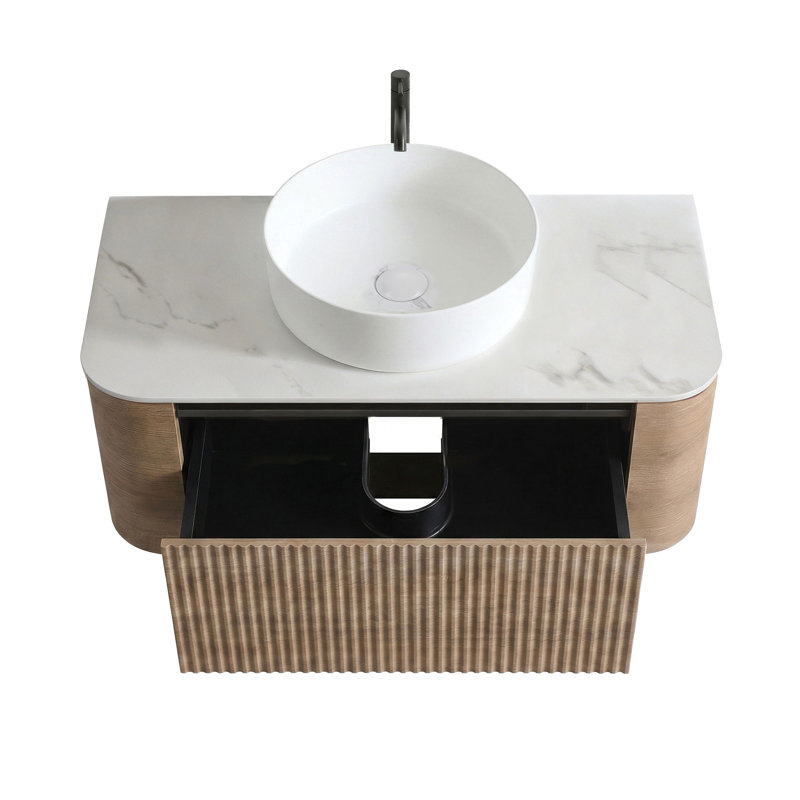 Meuble-lavabo flottant 36 po avec lavabo vasque et porte-serviettes 36 po, Blanc neige, Honey Oak