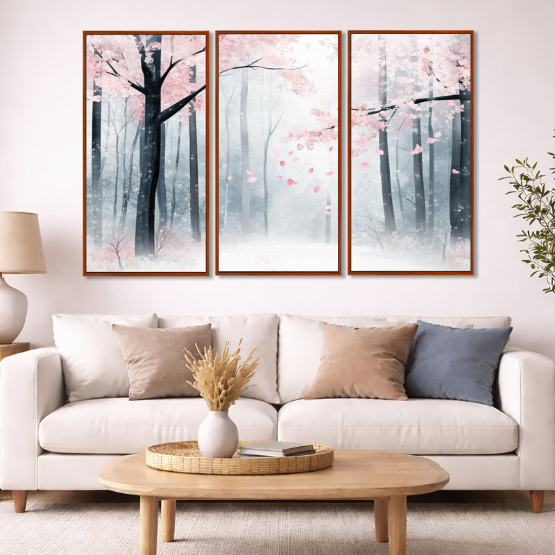 «Seasonal Forest Wall Art, Winter Spring Woods Canvas - Transition Forest Entre Winter And Spring», ensemble de 3 toiles encadrées