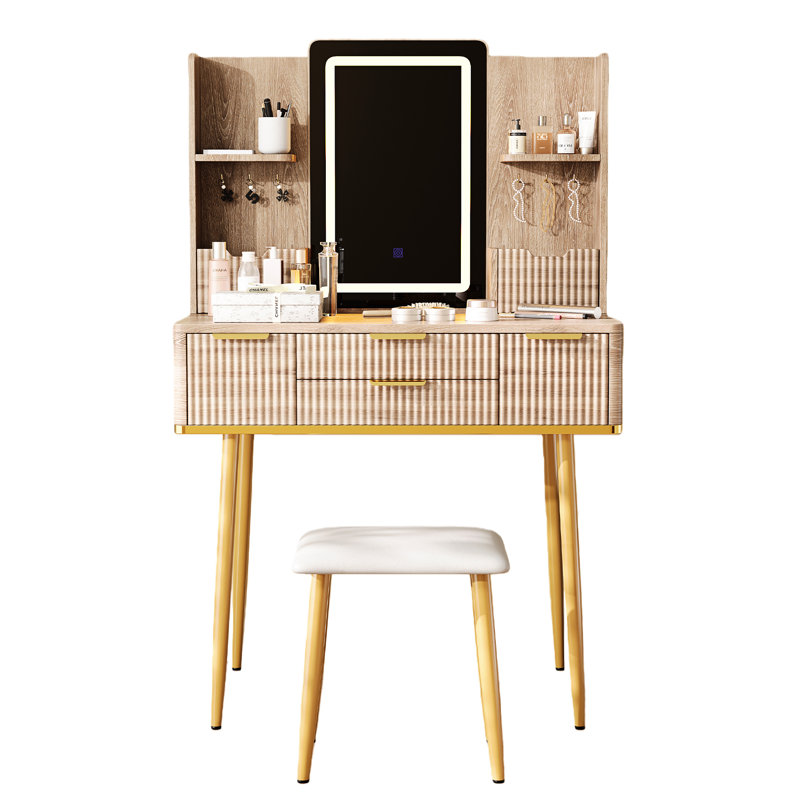 Meuble-lavabo cannelé avec 4 tiroirs, miroir à DEL et système de gestion de bijoux, miroir de bureau avec commode à tiroirs en métal brun-jaune, rangement de panneaux, gradation continue
