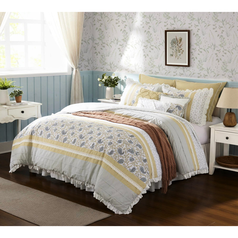 Édredon 9 pièces Dawn - Grand lit jaune, chambre Shabby Chic, comprend un édredon, des taies décoratives, des taies décoratives européennes et des coussins décoratifs en tissu de coton grand format