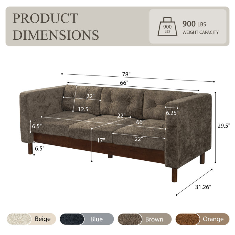 Canapé moderne 3 places en chenille de 198 cm (78 po), canapé capitonné à accoudoirs carrés avec pieds en bois d'hévéa, canapé rembourré multi-coussins pour salon ou appartement
