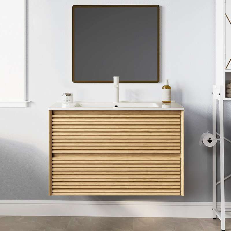 Meuble-lavabo de salle de bain avec lavabo, armoire de rangement murale en contreplaqué flottant, lavabo en céramique blanche, couleur grain de bois chêne Corolla (robinet non inclus)
