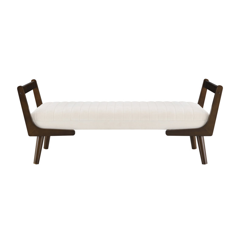 52" Bench With Walnut Wood Leg,Channeled Upholstered Footrest Stool, Beige