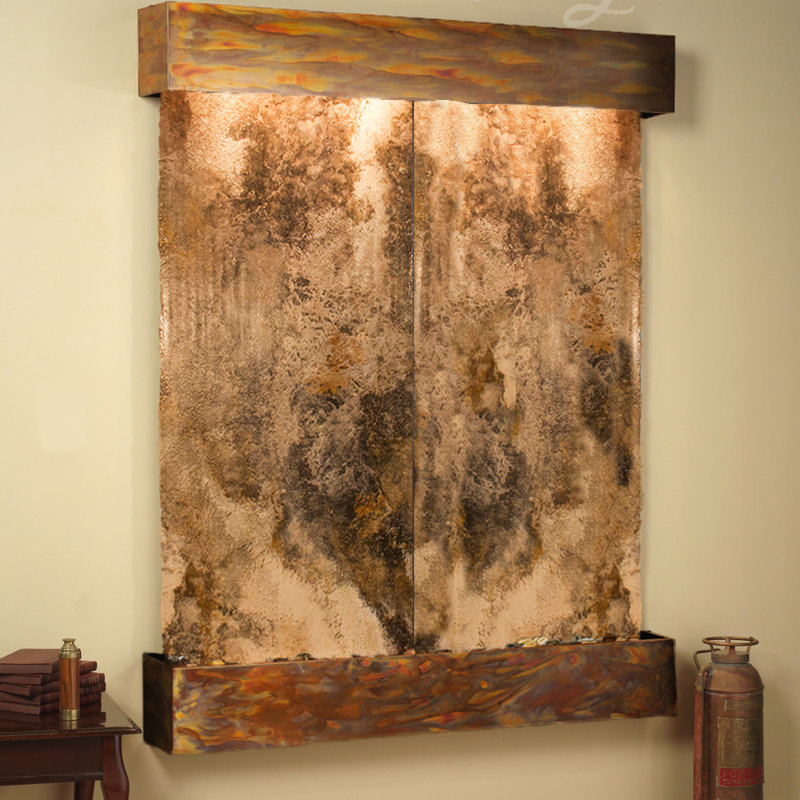 Majestic River Natural Stone Fountain with Light, Rainforest Green Marble, Rustic Copper