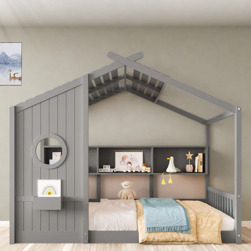 Lit sur pied avec tablettes de rangement, Gris, Lit double